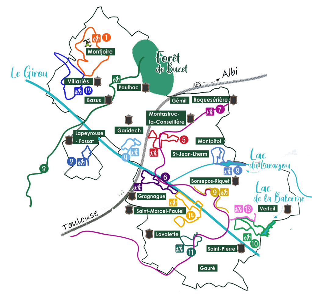 Carte du territoire de la communauté de communes des coteaux du Girou localisation et figurant les circuits de randonnées.