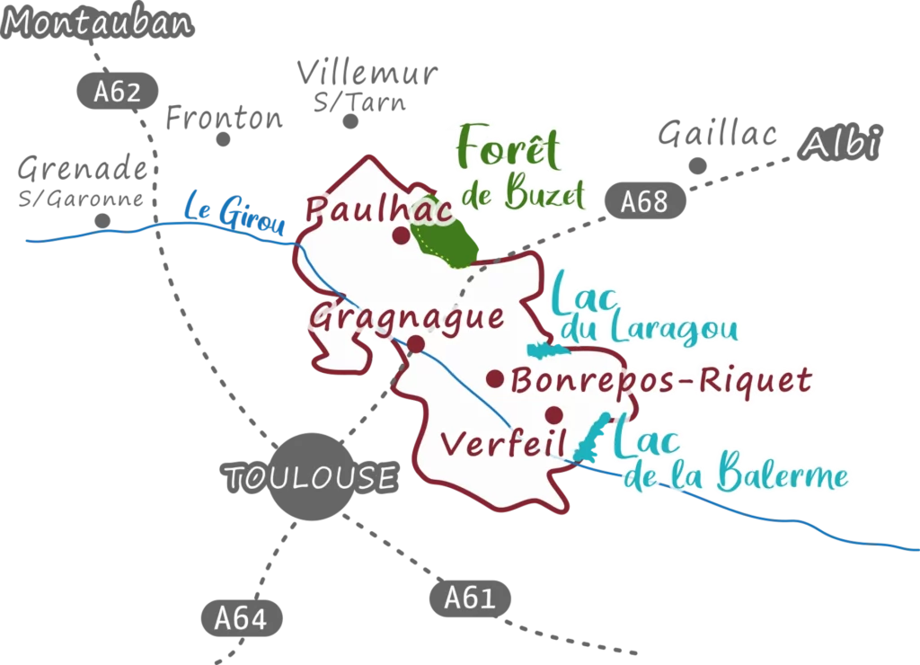 Carte des différents moyens d'accès à la Communauté de Communes des Coteaux du Girou