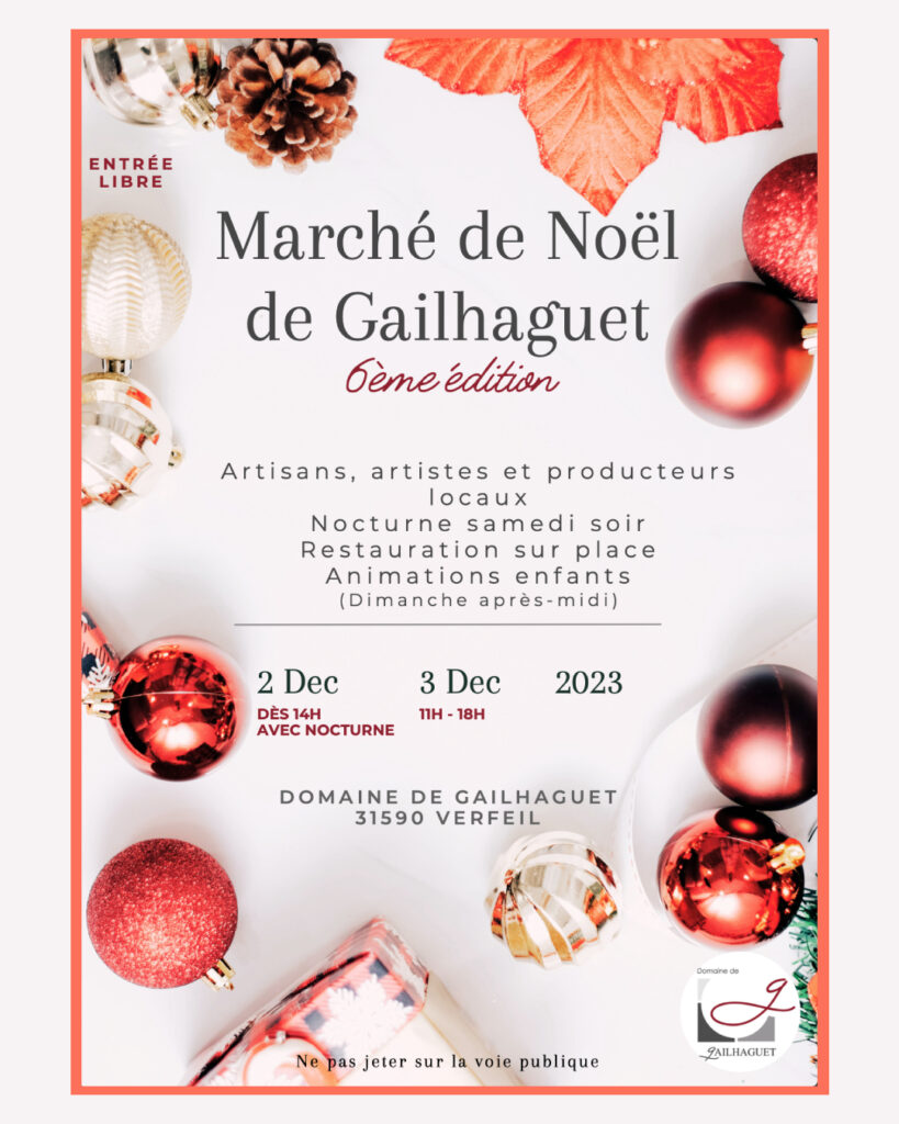 Affiche du Marché de Noël de Gailhaguet, tonalité rose saumon avec décorations de noël