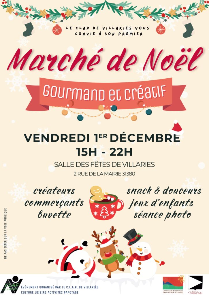 Affiche du marché de Noël de Villariès, avec des décorations de noël, petits personnages et inscriptions donnant des informations