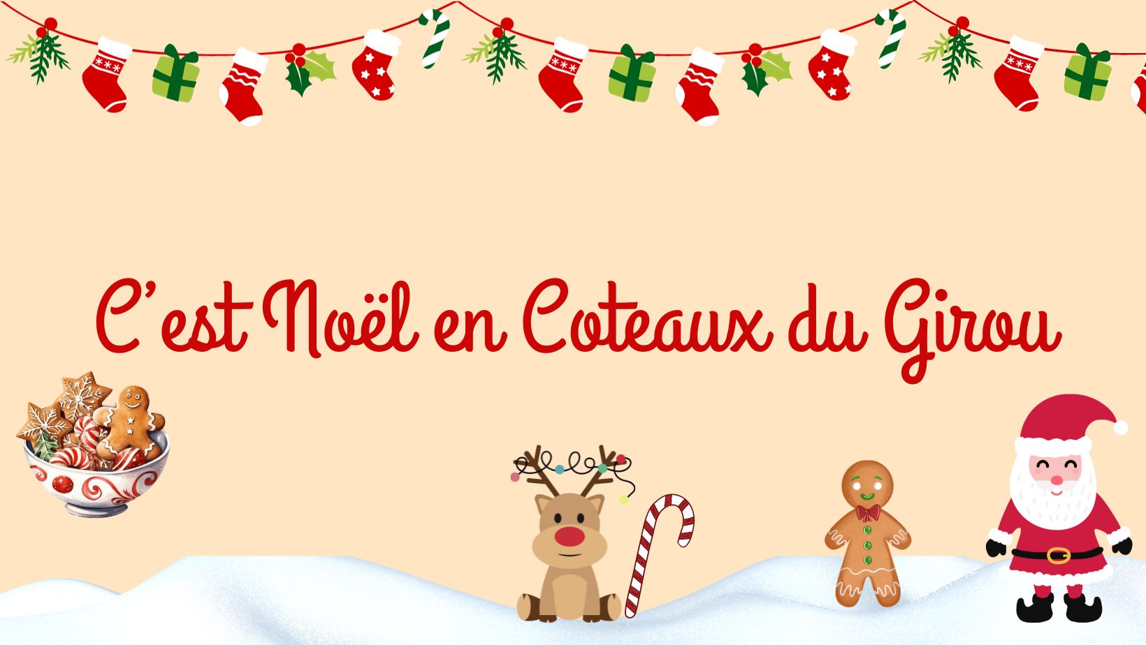 guirlande, père noël, pain d'épices et renne sur de la neige