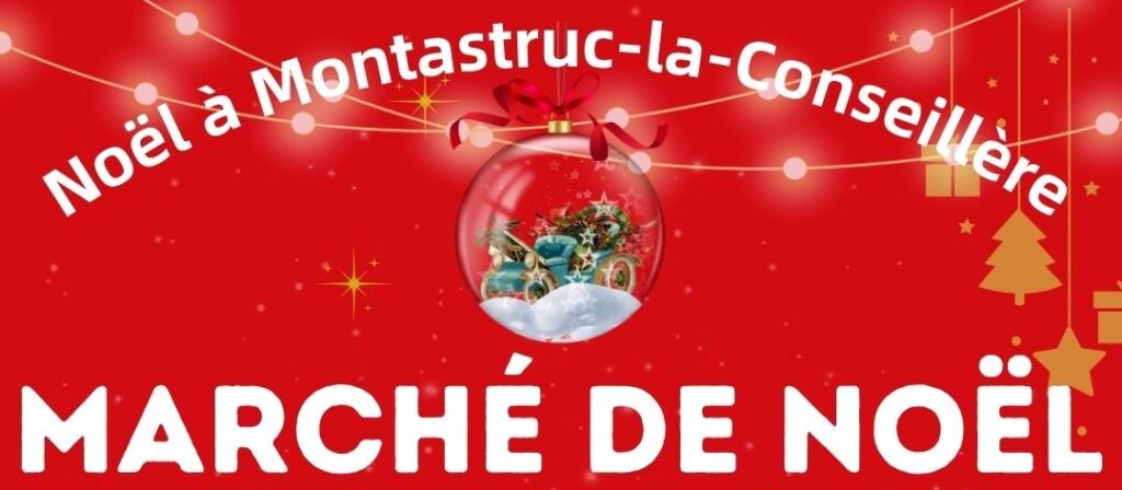 affiche rouge avec père noël, inscriptions, boule de noël, sapin, guirlande et lumières