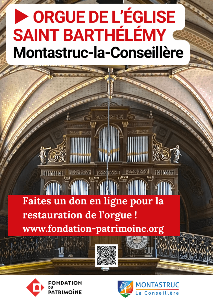 Orgue, voute église, écriture pour faire un don, QR code, logo de Montastruc-la-Conseillère, logo de la fondation du patrimoine