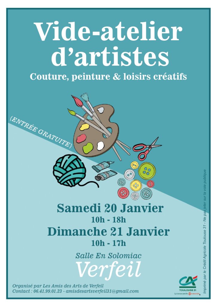 écritures présentant l'animation, dégradé de bleu, palette de couleurs, pinceaux, ciseaux, boutons, tubes de peinture, pelote de laine
