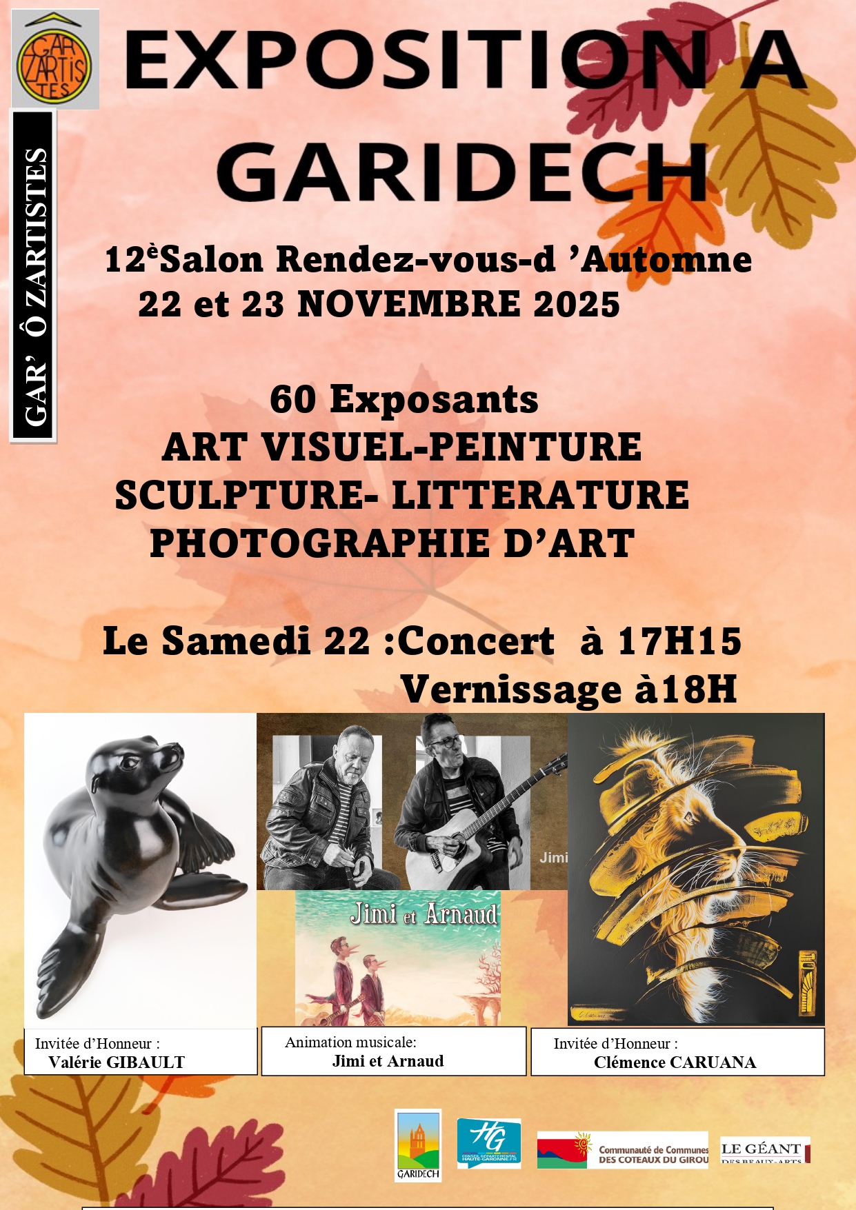 fond orange, feuille d'automne, quatre photos sur les artistes présents
Ecriture reprenant les informations principales de l'événement.