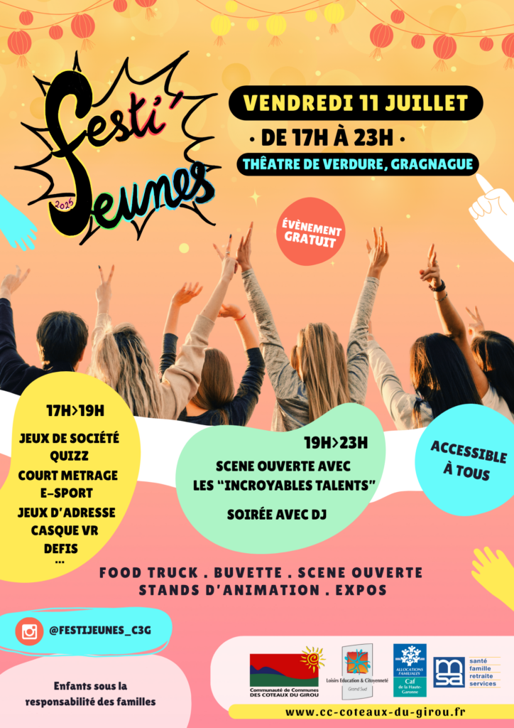 Affiche du Festi'jeunes, festival dédié aux jeunes le vendredi 11 juillet 2025 de 17h à 23h à Gragnague.