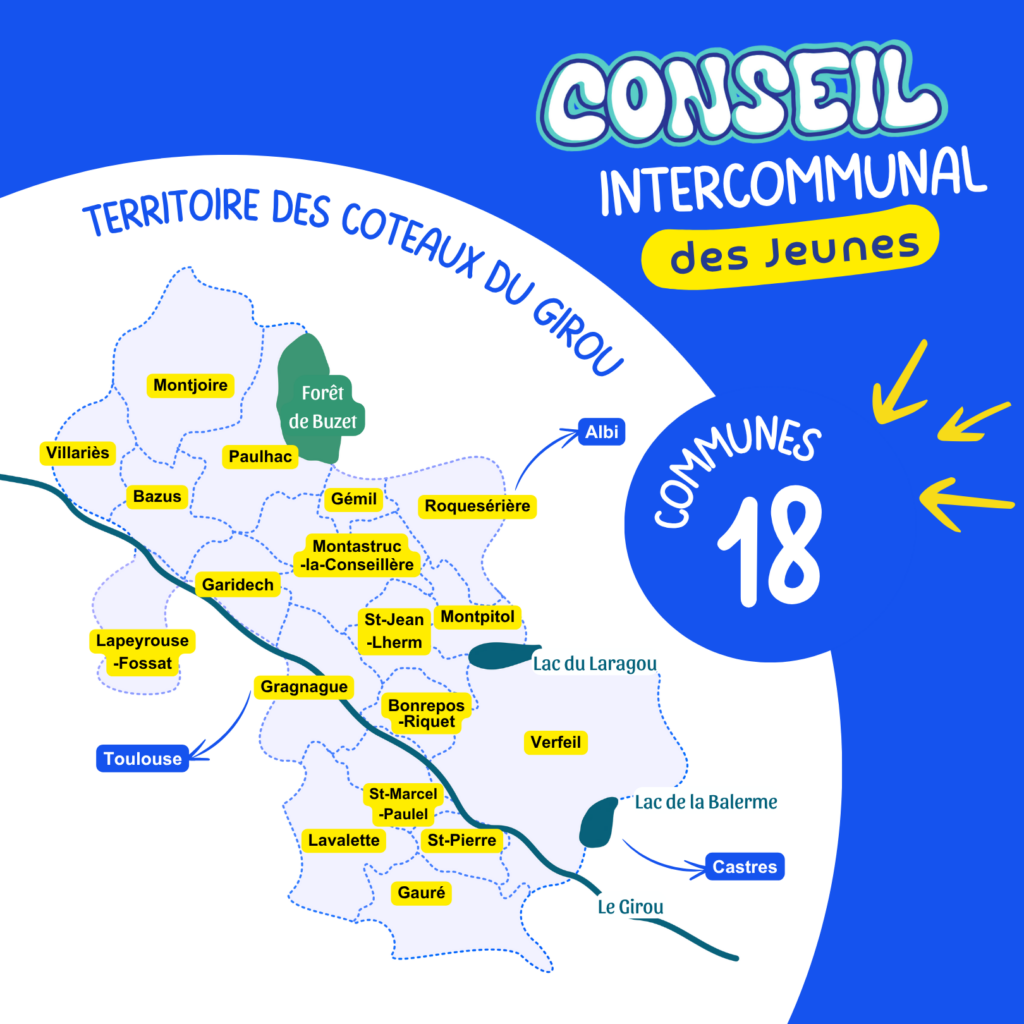 Carte de la Communauté de Communes des Coteaux du Girou et ses 18 communes
