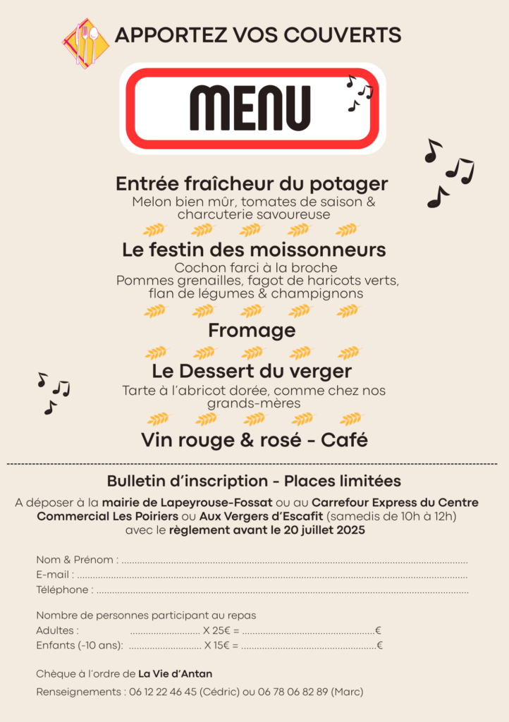 Flyer avec le menu proposé du repas et le formulaire d'inscription