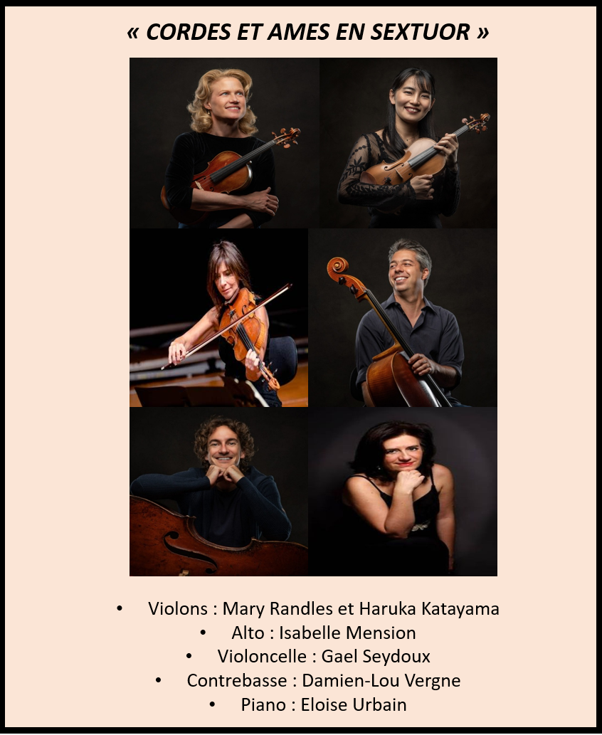 écriture reprenant les informations sur l'événement et le nom des artistes, sur fond beige, avec photos des artistes et titre du concert