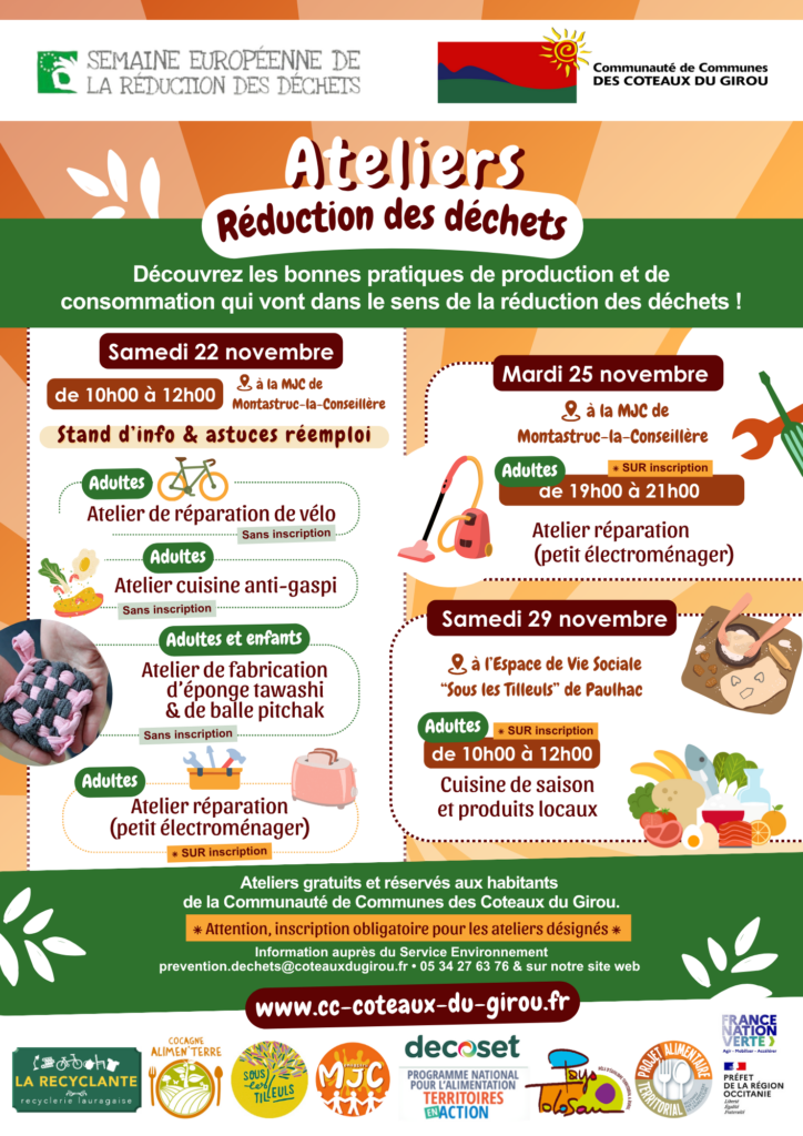 Affiche des ateliers organisés dans le cadre de la Semaine de la Réduction des Déchets 2025.