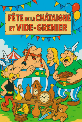 image sur fond bleu ciel avec décoration de fête et cirque. Personnage du dessin animé Astérix et Obélix et objets antiques. Bandeau avec les éléments de l'événement dessus.