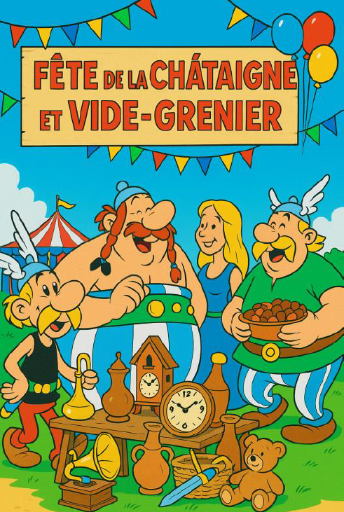 image sur fond bleu ciel avec décoration de fête et cirque. Personnage du dessin animé Astérix et Obélix et objets antiques. Bandeau avec les éléments de l'événement dessus.