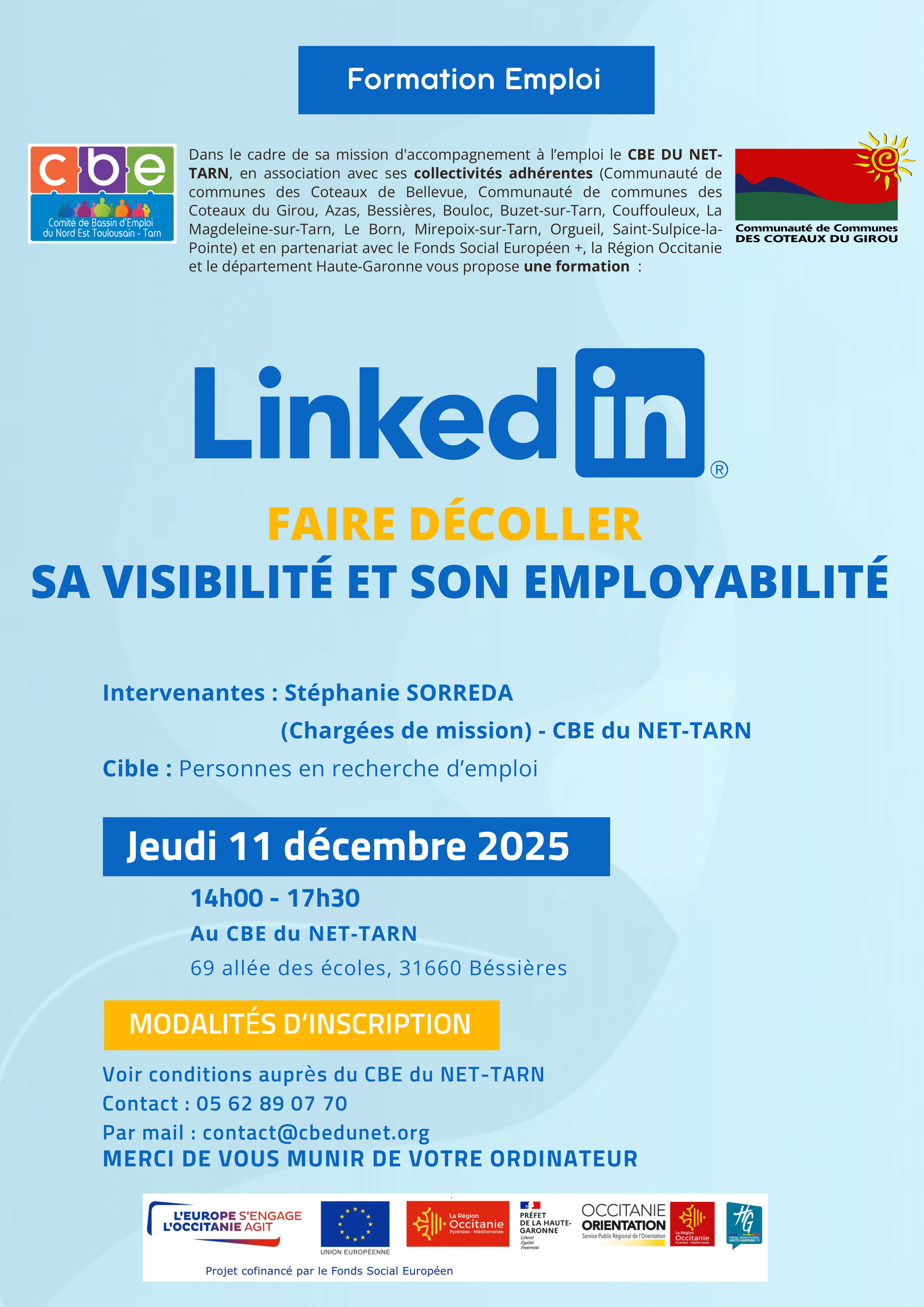 Affiche présentant la formation Linked in: Faire décoller sa visibilité et son employabilité.