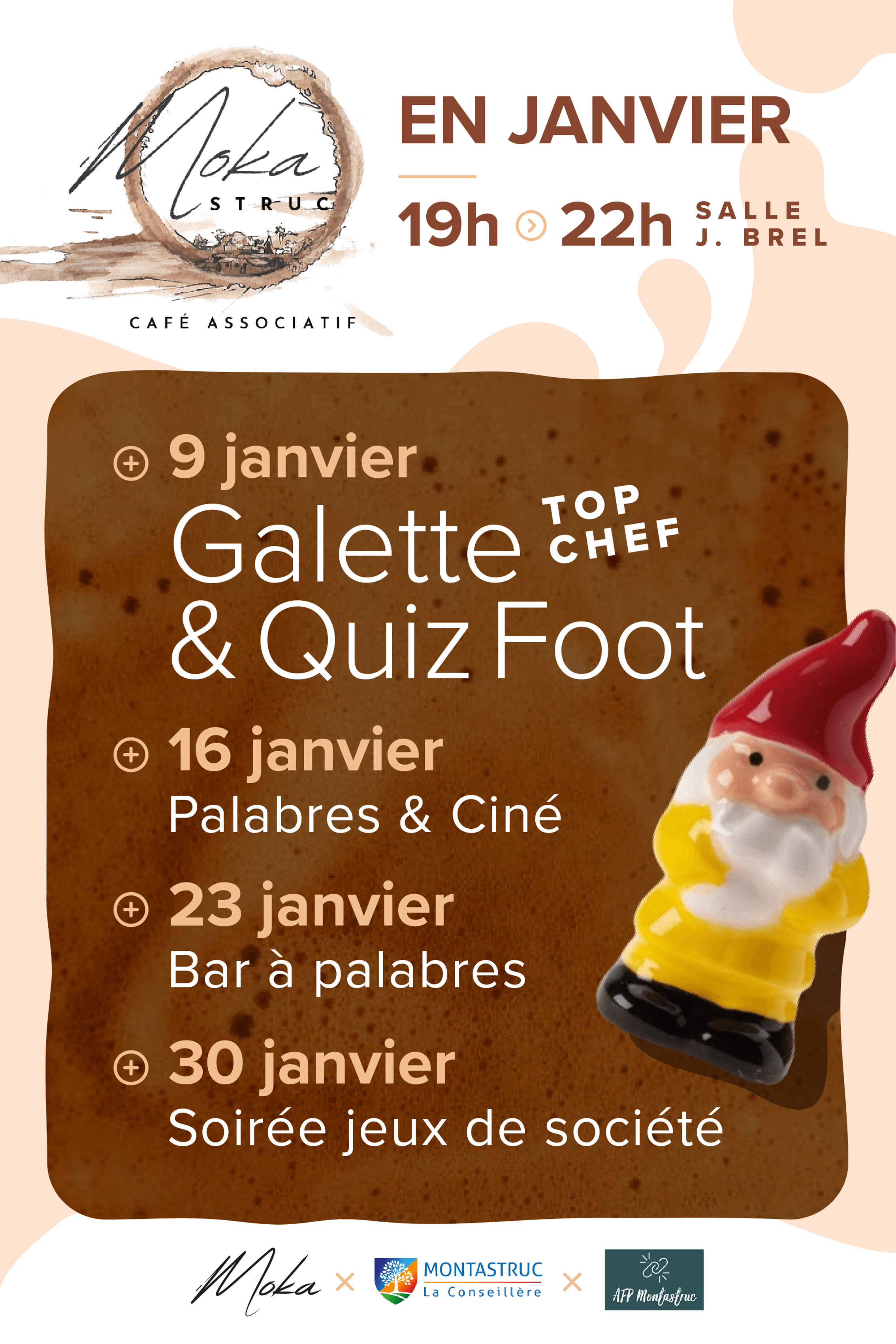 affiche reprenant l'ensemble des éléments du programme du Mokastruc. Fond blanc et rose, logo de la structure, fond marron pour les écritures, lutins format fêve