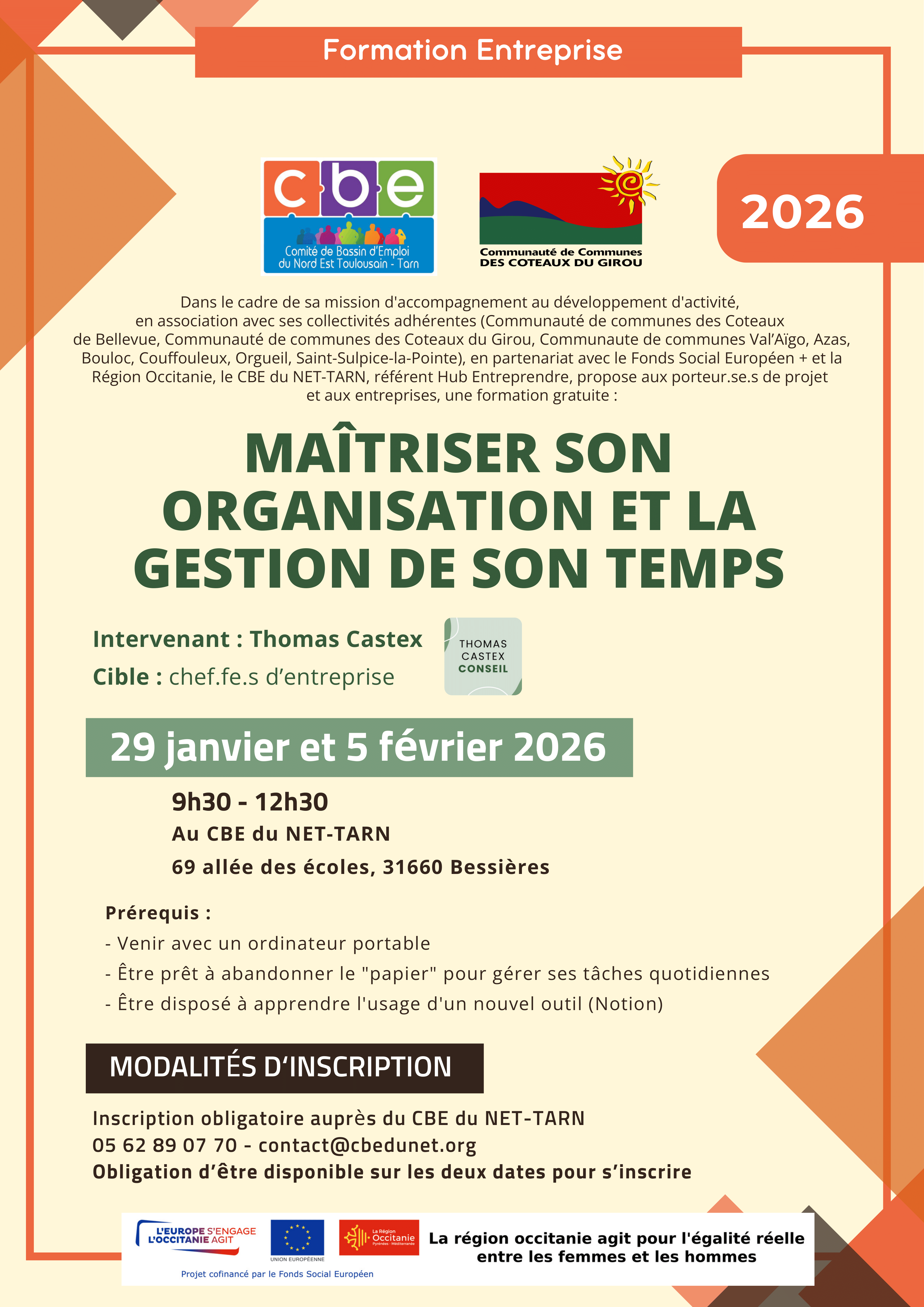 Affiche de la formation entreprise: Maitriser son organisation et la gestion de son temps les 29 janvier et 05 février 2026.