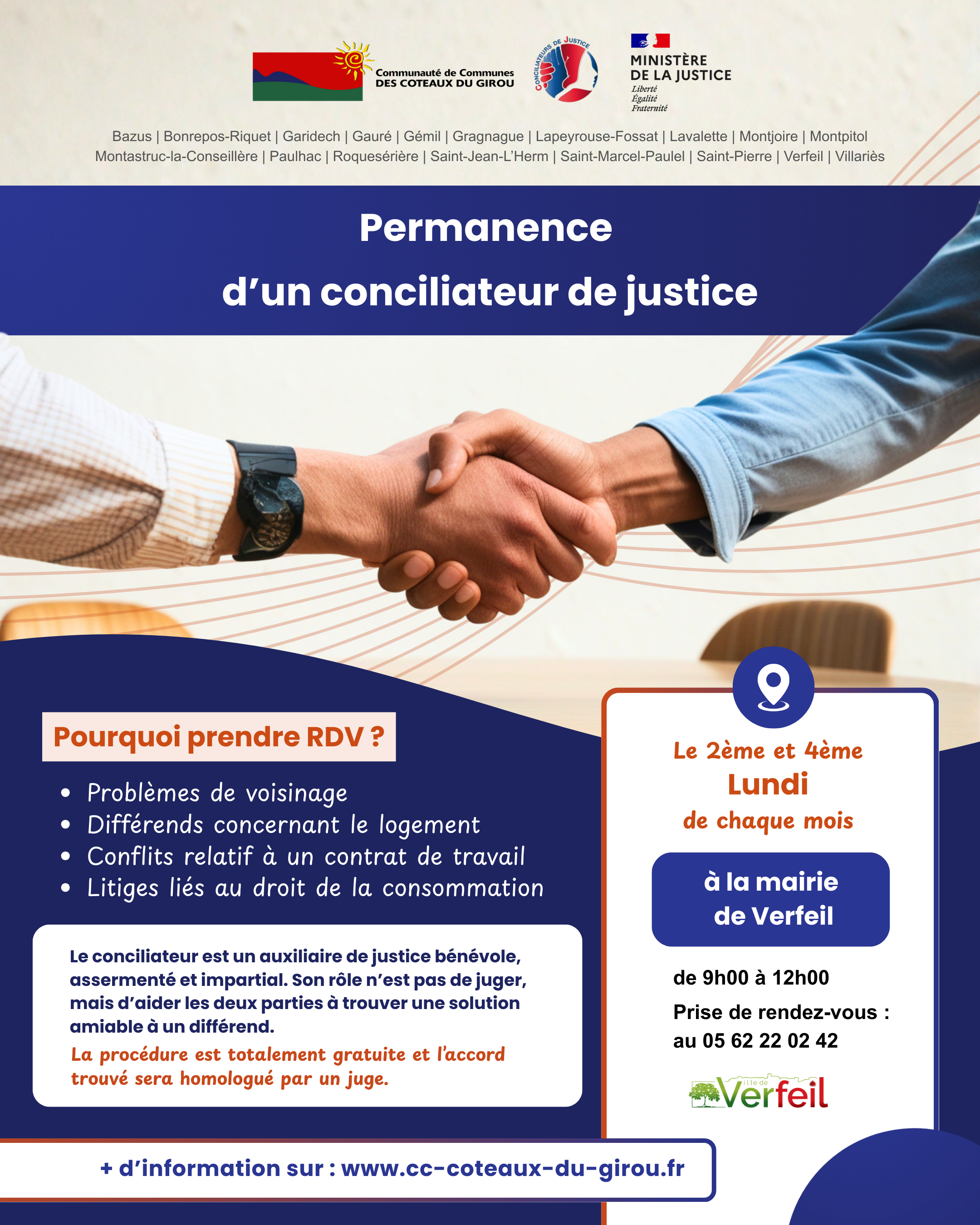 Affiche de présentation de la permanence de conciliation de justice à Verfeil