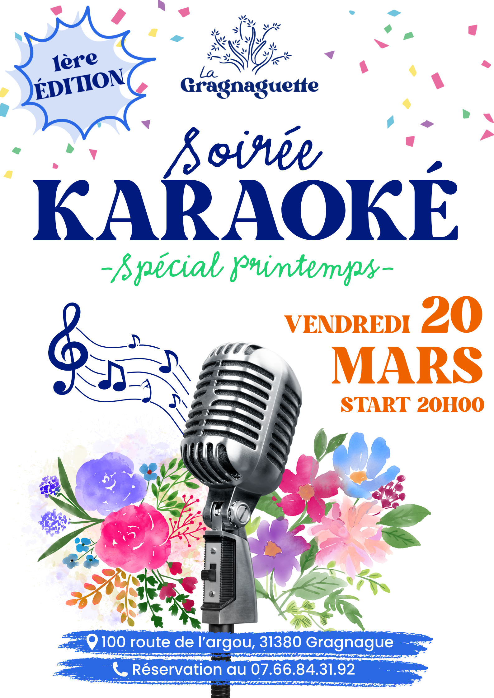 Affiche fond blanc avec fleurs aux multiples couleurs (rose, violet, vert, fuschia...), confetti aux multiples couleurs (bleu pâle, rose pâle, jaune pâle...). Ensemble d'écriture reprenant les informations sur l'événement : soirée karaoké