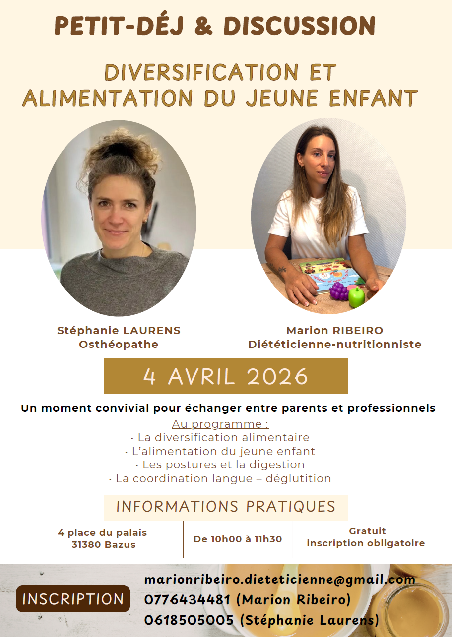 Affiche de l'atelier discussion sur la diversification alimentaire du jeune enfant, le 4 avril 2026 à Bazus.