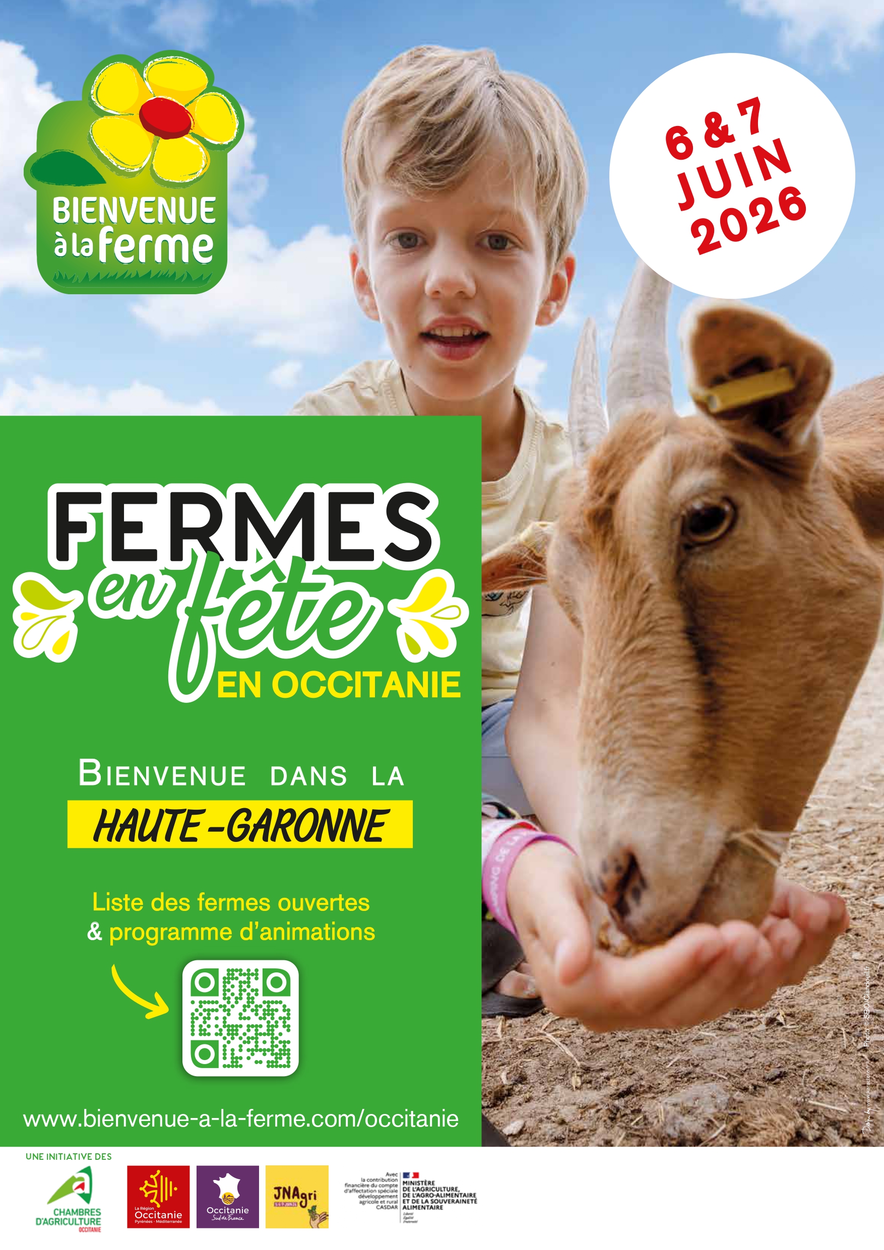 Affiche avec un enfant donnant à manger de sa main à une chèvre. Ensemble d'écriture reprenant les informations sur l'événement 