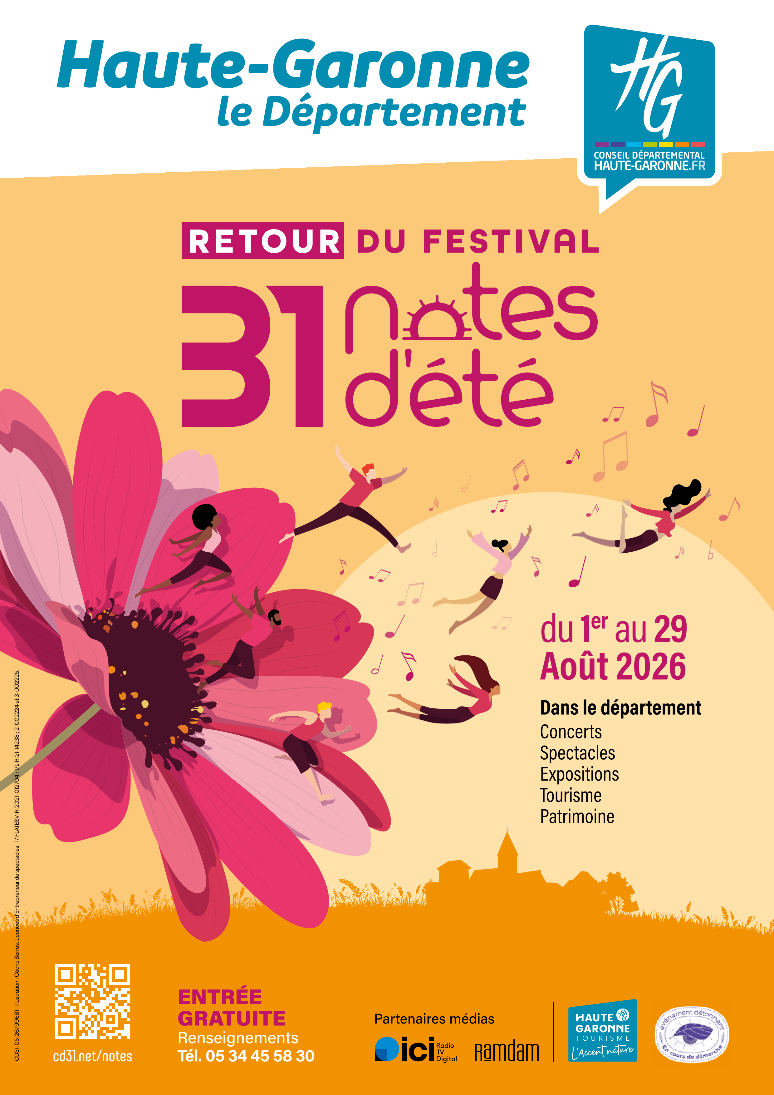 Affiche jaune orangé en dégradé, grosse fleurs d'où sortent six personnages et des notes de musique. Ensemble d'écriture reprenant les informations sur le festival. 