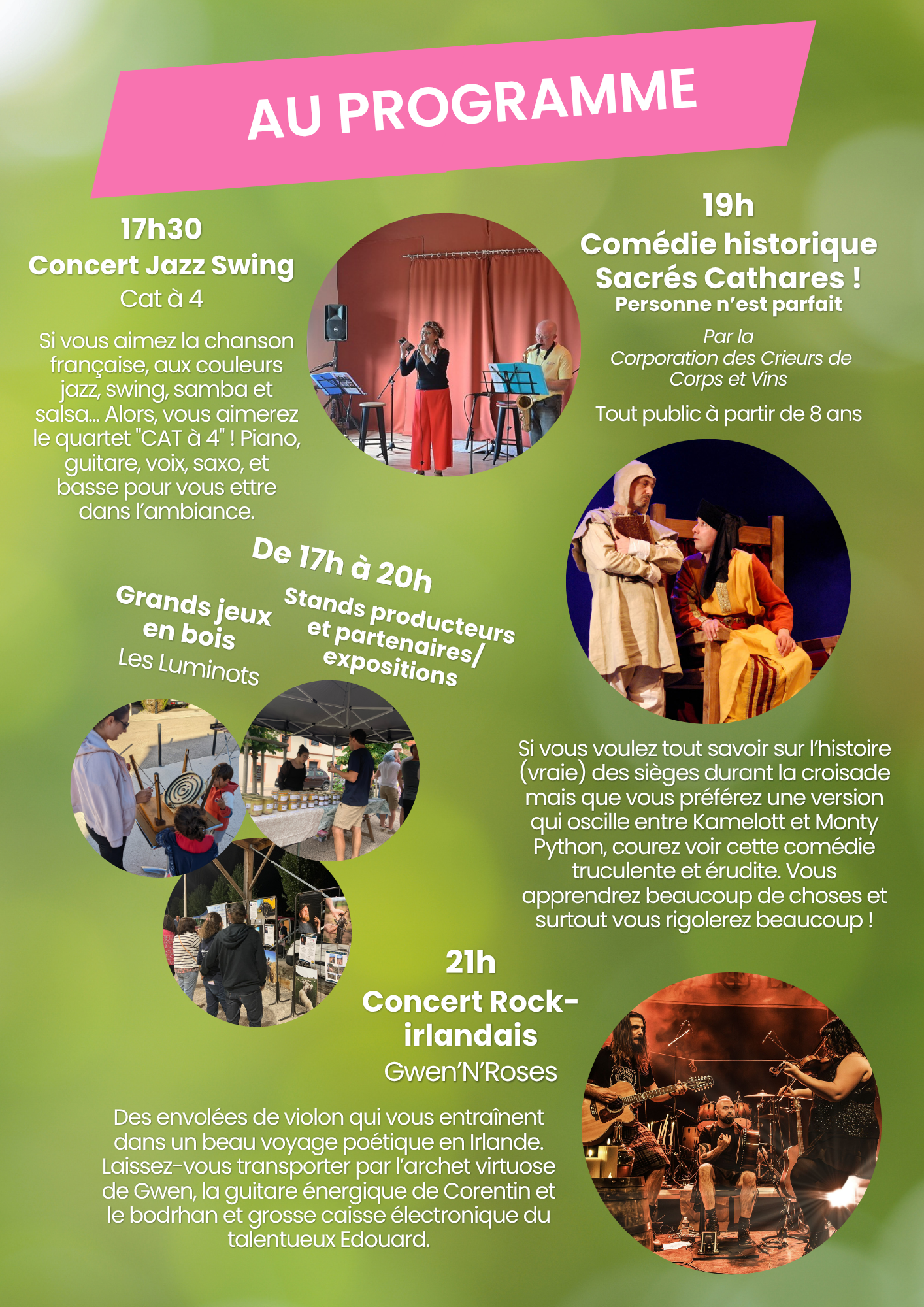 Affiche verte, avec le logo de sous les tilleuls et des décorations d'anniversaire, des photos sur les spectacles.... Ensemble d'écriture reprenant les informations sur l'événement : Sous les Tilleuls fête son anniversaire !