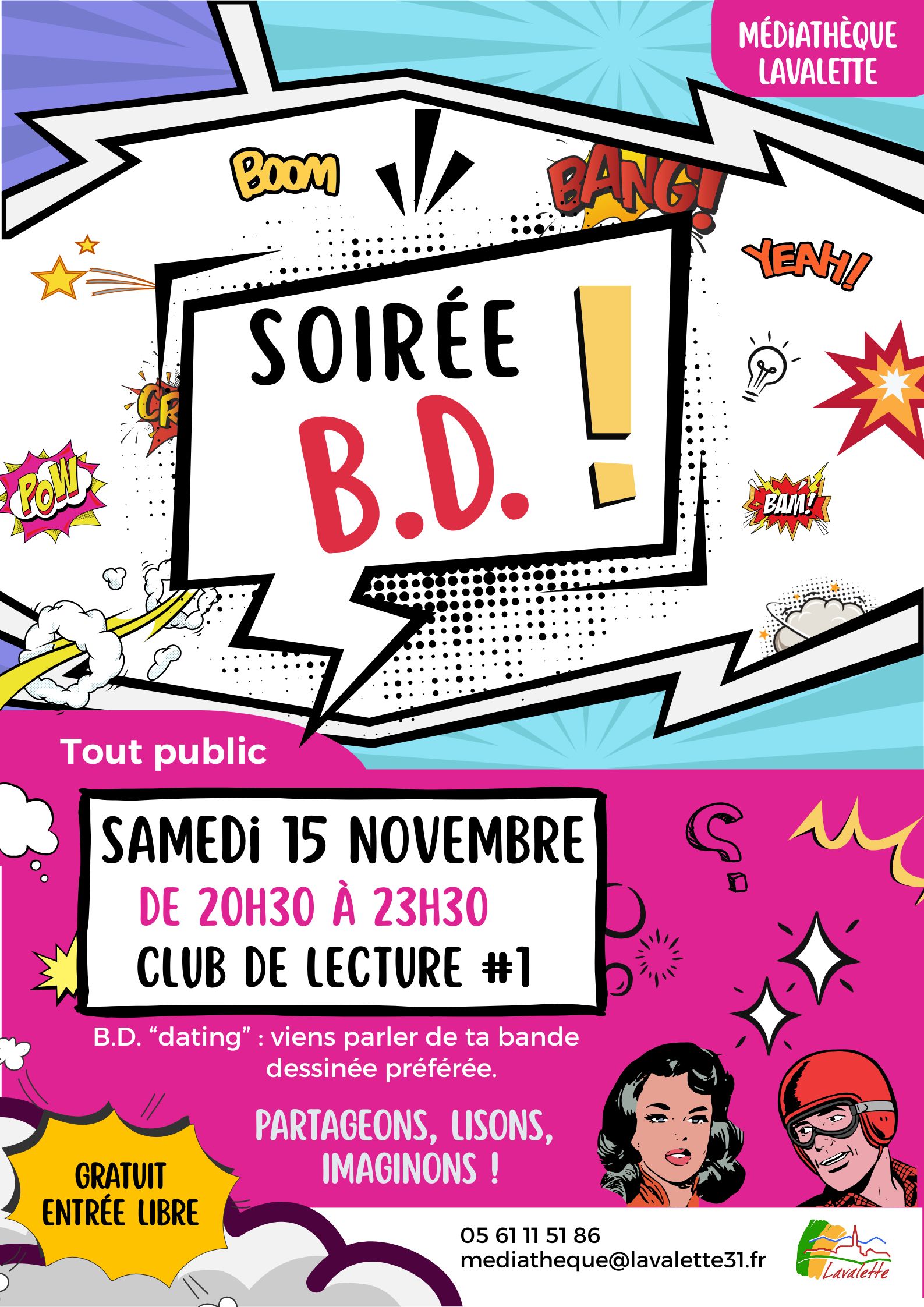 Affiche aux couleurs rose, violet et bleu ciel, graphisme style BD avec des nuages et des écritures reprenant l'ensemble des informations sur l'événement.