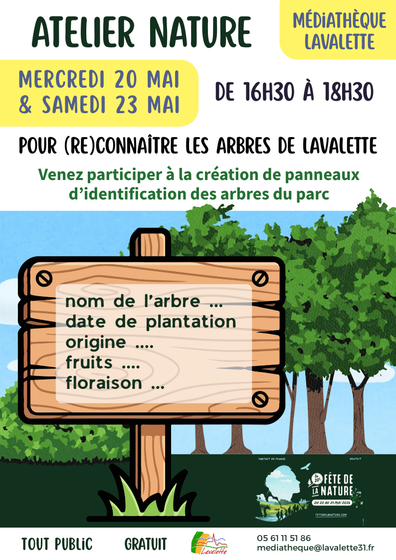 Affiche sur fond blanc avec illustration d'arbres et de buissons. Ensemble d'écritures reprenant les informations sur l'événement : Atelier nature : à la découverte des arbres de la commune !