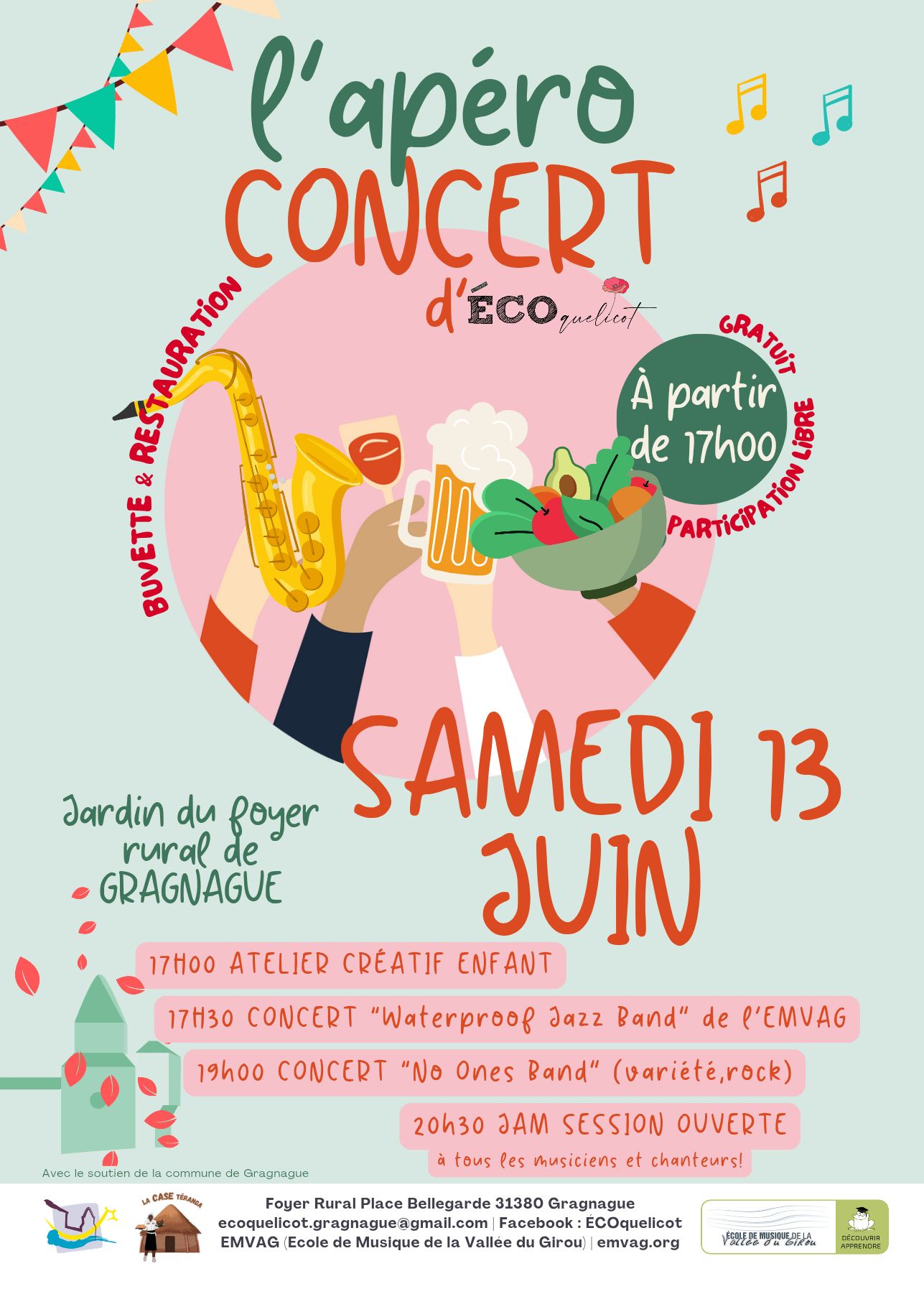 Affiche bleu turquoise avec décorations musicales, ensemble d'écriture reprenant les informations sur l'événement apéro concert d'écoquelicot.