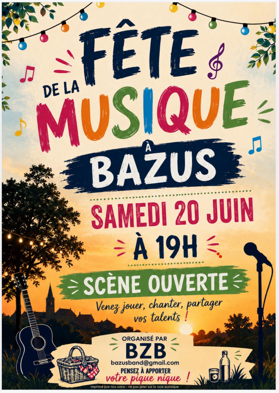 affiche le village en arrière plan, des arbres, un micro et une guitare, d'autres éléments décoratifs et des écritures reprenant l'ensemble des informations sur l'événement : Fête de la musique à Bazus