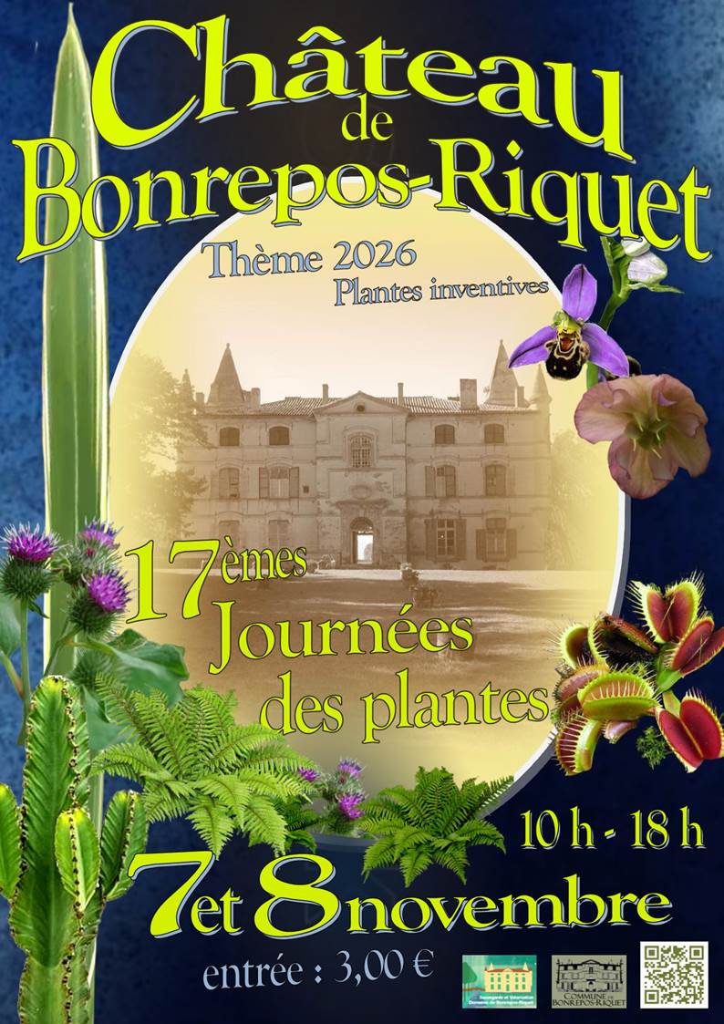 Affiche bleu foncé avec plusieurs plantes dessinées, ovale central avec le château. Ensemble d'écriture reprenant les informations sur l'événement 